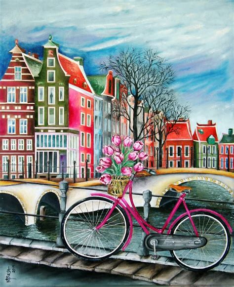 Original Travel Painting by Miriam Besa | Conceptual Art on Canvas | Bike Stop - Amsterdam in ...