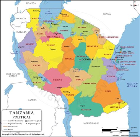 Tanzania Region Map, Tanzania Political Map