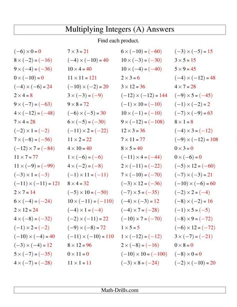 Multiplying Integers -- Mixed Signs (Range -12 to 12) (A)