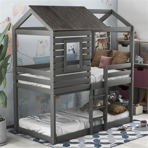 URHOMEPRO Twin Over Twin Bunk Bed with Roof, Window, Upgrade Wood Loft Bed Bedroom Furniture ...