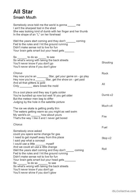 Lyrics - All Star song and nursery r…: English ESL worksheets pdf & doc