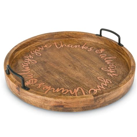 18-Inch, Round Mango Wood Serving Tray with Copper Inlay Message ...