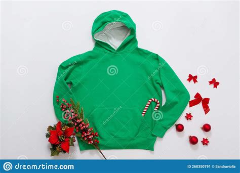 Close Up Green Blank Template Hoodie Copy Space. Christmas Holiday Concept. Top View Mockup ...