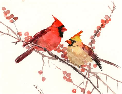 Red Cardinal Bird Artwork, Original one of a kind watercolor painting, cardinal birds, northern ...