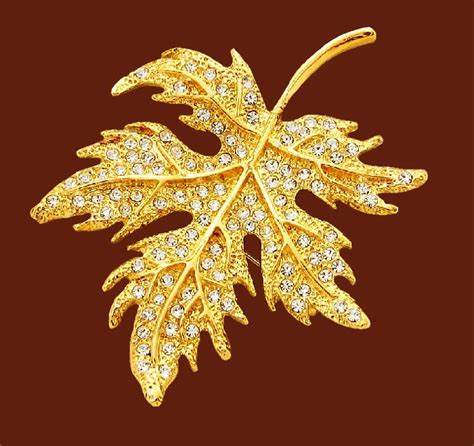 Leaf brooch. Jewelry alloy of gold tone, rhinestones - Jewellery Kaleidoscope