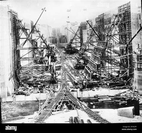 General view of construction on the Panama Canal locks, Panama, 1912 ...