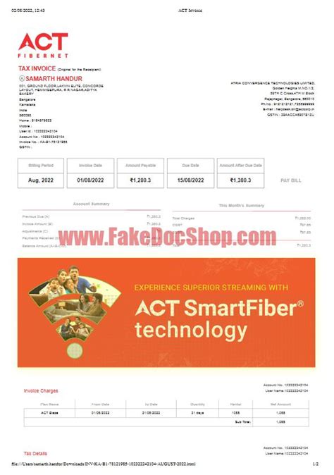 India ACT Fibernet Invoice Template - Fakedocshop