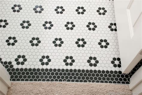 Elegant Black and White Hexagon Mosaic Floor with Floral Accents