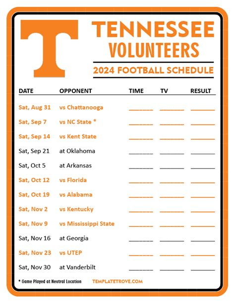 Printable 2024 Tennessee Volunteers Football Schedule