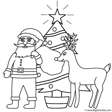 Santa Claus with Rudolph and Christmas Tree - Coloring Page (Christmas)