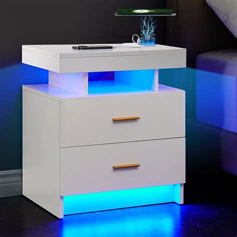 LED Nightstand, 2 Drawers Bedside Tables with Wireless Charging Station 2 Outlets and 2 USB ...