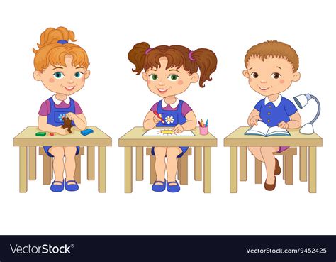 Funny pupils sit on desks read draw clay cartoon Vector Image