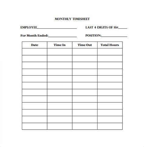 Printable Monthly Timesheet Template