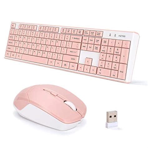 metoo wireless pink keyboard and mouse combo, ultra-thin 2.4 usb mute keyboard and mouse set for ...