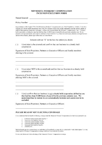 Workers Compensation Inclusion/Exclusion Form - Minnesota - Edit, Fill, Sign Online | Handypdf
