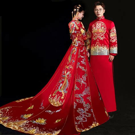 Bride Groom Cheongsam Vintage Chinese Style Wedding Dress Clothing Lady Embroidery Phoenix Gown ...