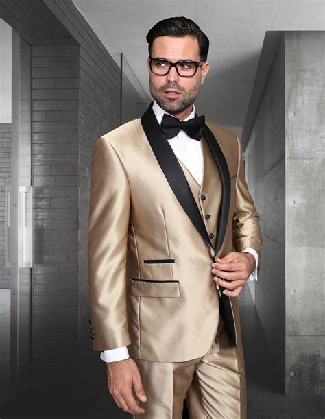 Mens Vested One Button Shiny Sharkskin Shawl Lapel Tuxedo in Gold