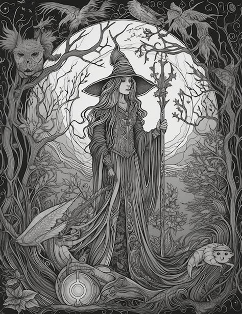 Premium AI Image | A black and white drawing of a witch with a large ...