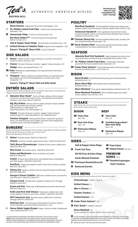 Ted's Montana Grill menu in Atlanta, Georgia, USA