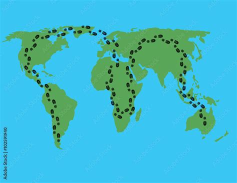 map - walk around the world / vector map with footprints around the world; journey on foot ...