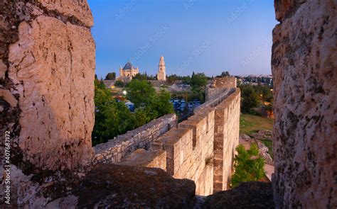 Jerusalem: Abbey of the dormition, night view from Old City Wall Stock ...