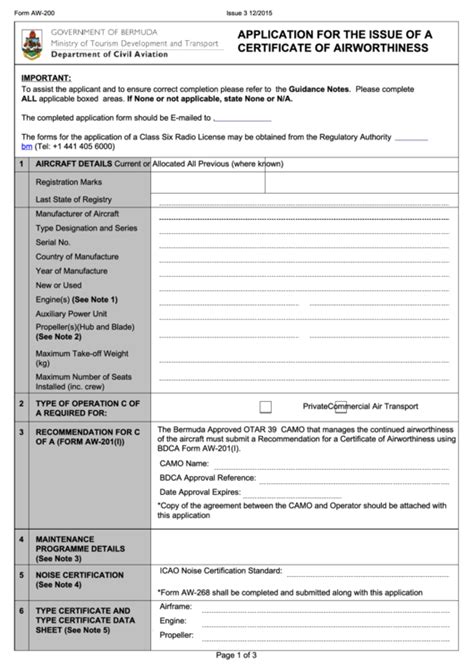 Fillable Form Aw-200 - Application For The Issue Of A Certificate Of Airworthiness printable pdf ...