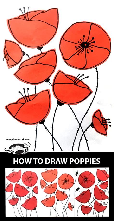 krokotak | HOW TO DRAW POPPIES | Poppy drawing, Remembrance day art ...