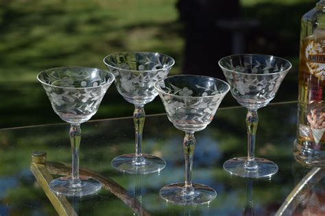 Vintage Etched Cocktail Martini Glasses, Set of 5, 1950's, Vintage Etched Champagne Glasses ...