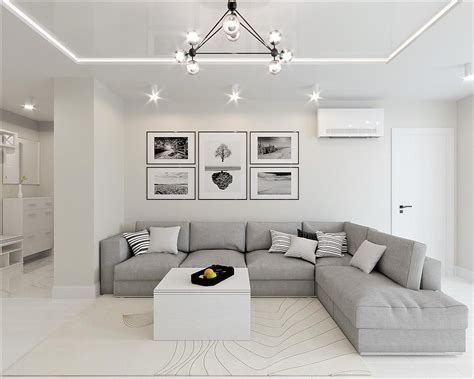 White & Grey Interior Design In The Modern Minimalist Style | Modern grey living room, Grey sofa ...