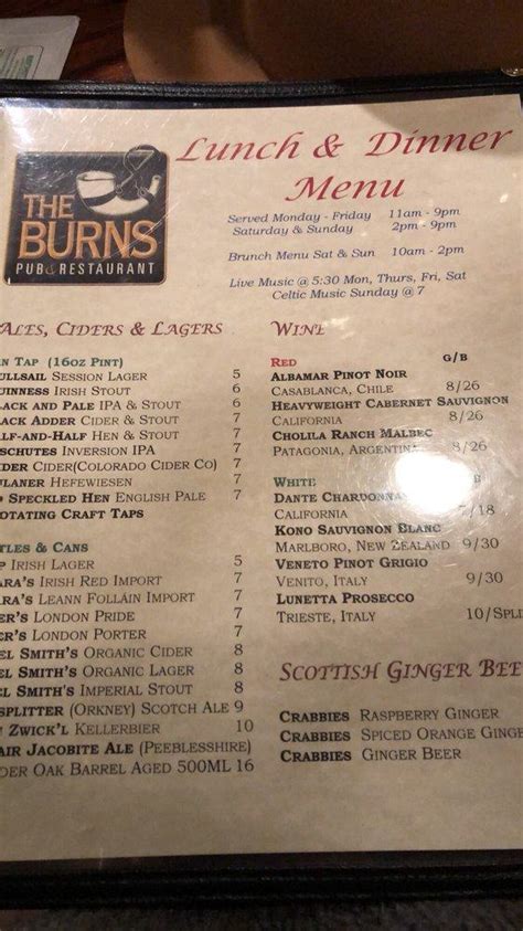 Menu at The Burns Pub & Restaurant, Broomfield