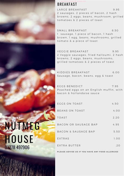 Menu at Nutmeg House Restaurant, Bridgwater