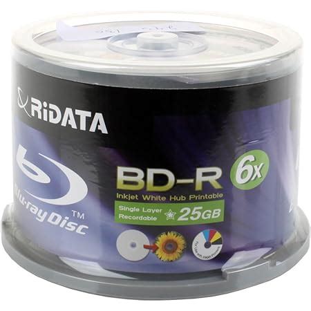 Ridata BD-R 6X 25GB Blu-Ray White Inkjet Printable 50pk Blank Disc Spindle (BDR-256-RDIWN-CB50 ...