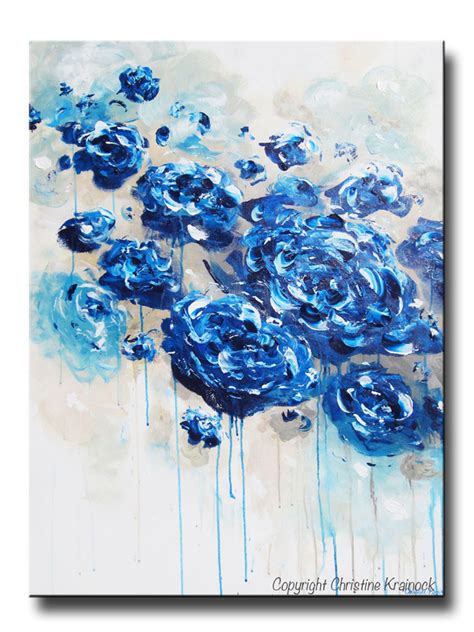 ORIGINAL Art Abstract Navy Blue Floral Painting Flowers – Contemporary Art by Christine