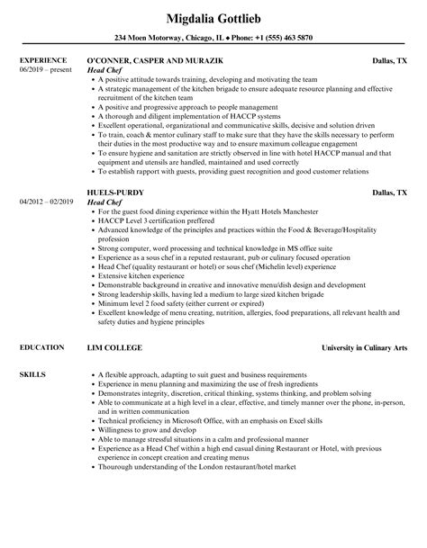 Head Chef Resume Samples | Velvet Jobs