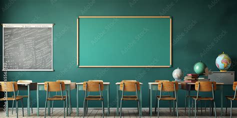school classroom, Classroom with greenboard, Class Board, classroom interior with school desks ...