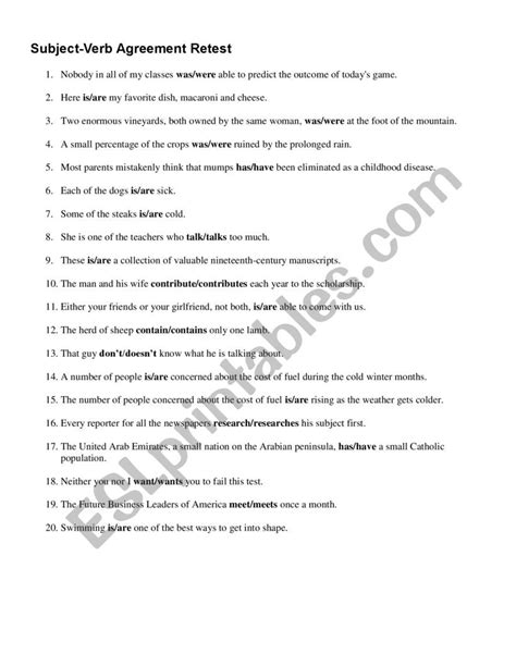 Subject-Verb Agreement quiz - ESL worksheet by Jann2019