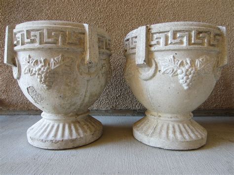 A Pair of Cement Monumental Garden Planters Greek Design Grape Vine Sculptural Pedestal Urns ...