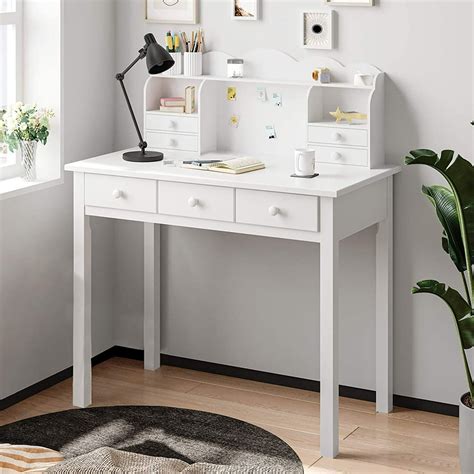 Writing Desk with 7 Drawers, Home Office Desk with Hutch,Student Desk Study Table, Small White ...