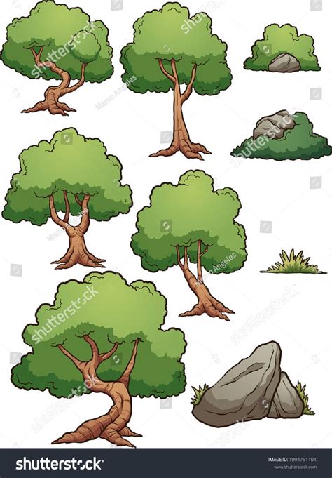 Cartoon forest trees, bushes, hedges and rocks. Vector clip art illustration with simple ...