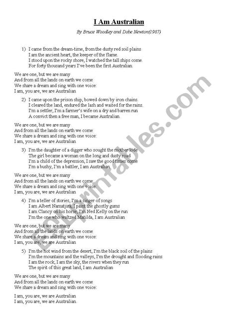 I Am Australian song lyrics and explanation of meaning - ESL worksheet by elapamor