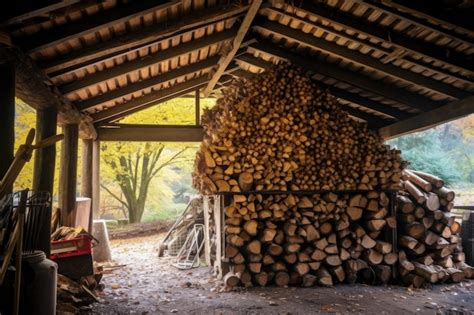 Premium AI Image | Stacked firewood in a shed ready for winter use ...