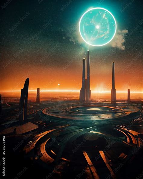 Space Portal Generation above Futuristic Metropolis on Alien Planet Art ...