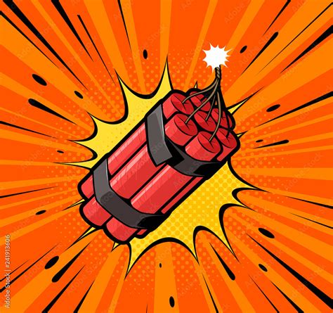 Dynamite bomb explosion with burning wick detonate. Retro pop art style. Cartoon comic vector ...