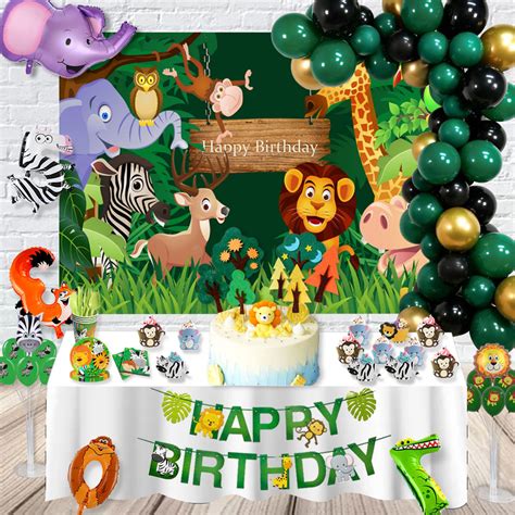 Jungle Safari Birthday Party Decoration Set Animal Banner Balloons Cupcake Topper Leaves for ...