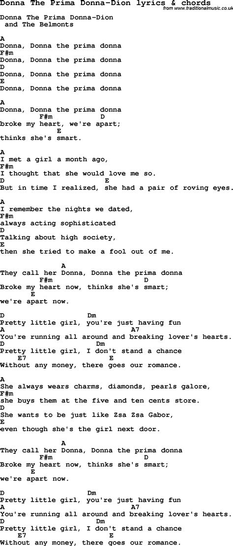 Love Song Lyrics for:Donna The Prima Donna-Dion with chords.