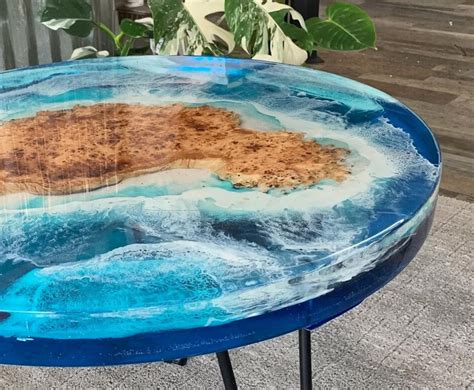 Epoxy Ocean Wave Acacia Wood Table, Ocean-inspired Epoxy Side Table, Coastal Epoxy Resin Decor ...