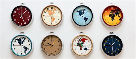 Premium Photo | Photo of multiple clocks hanging on a wall with copy space