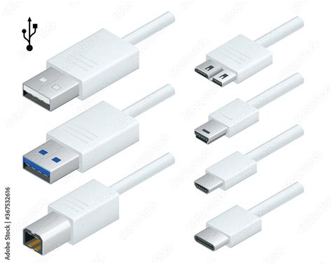 Isometric white usb types port plug in cables set with realistic ...