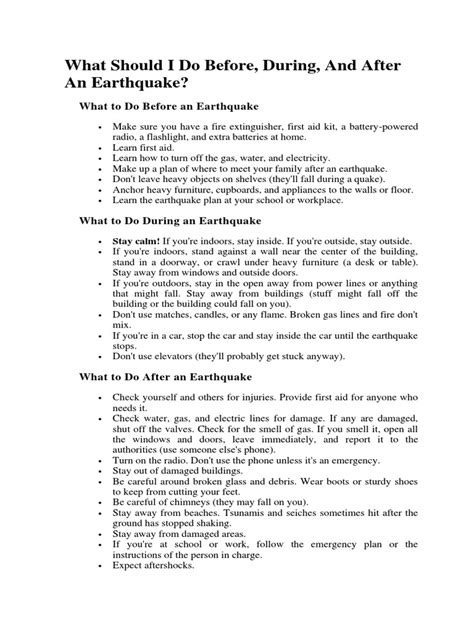 What Should I Do Before, During, and After An Earthquake? | PDF