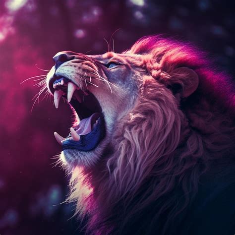 Premium Photo | An angry lion with his mouth wide open in the style of light crimson and purple